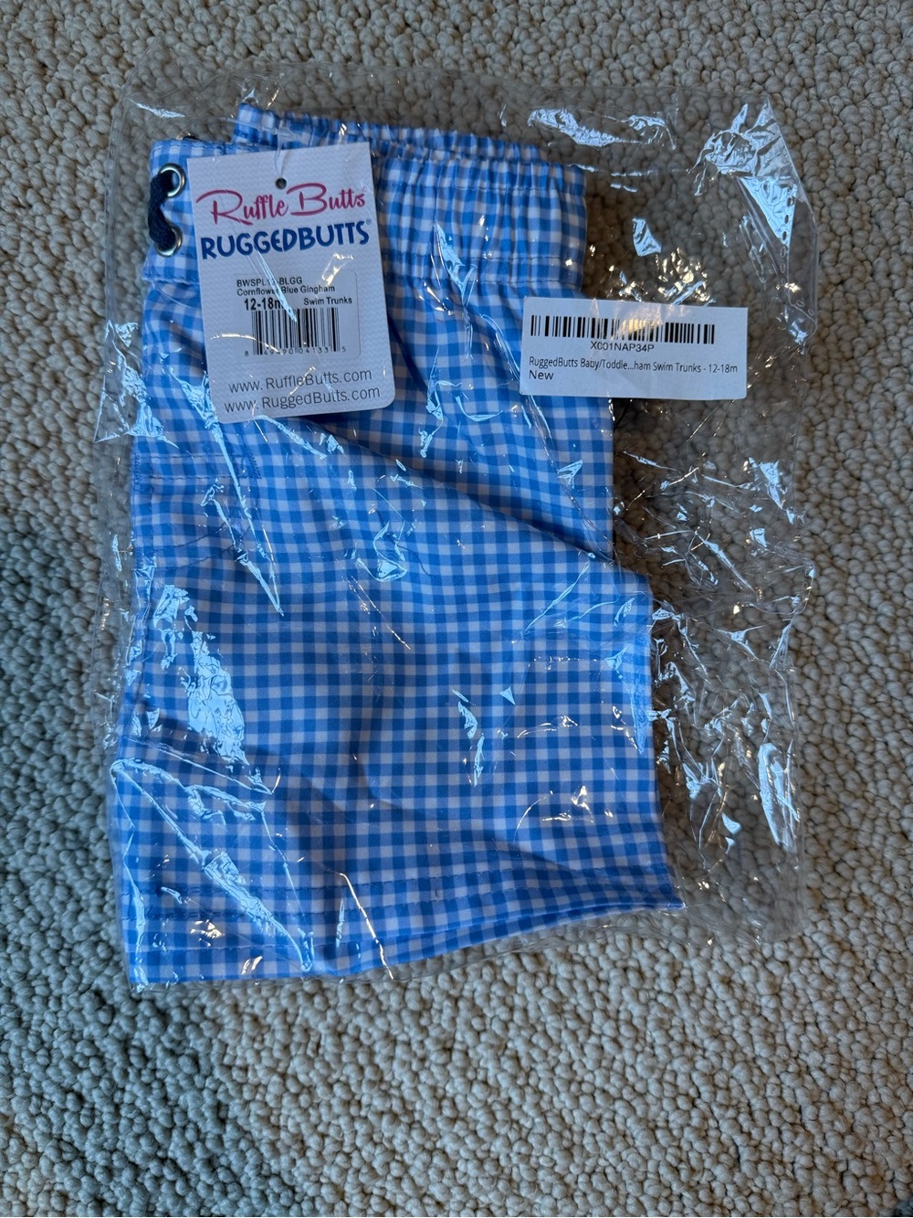 Ruffle Butts Blue Gingham Swim Trunks for Kids